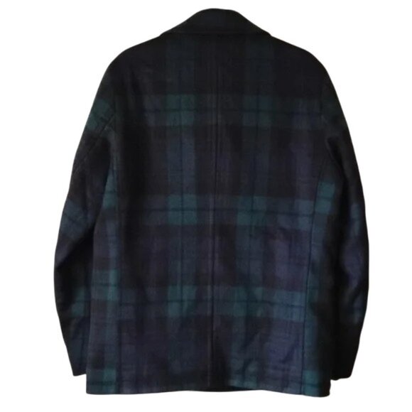 JW Anderson X Uniqlo Wool Pea Coat M Plaid Double Breasted Green Blue Black